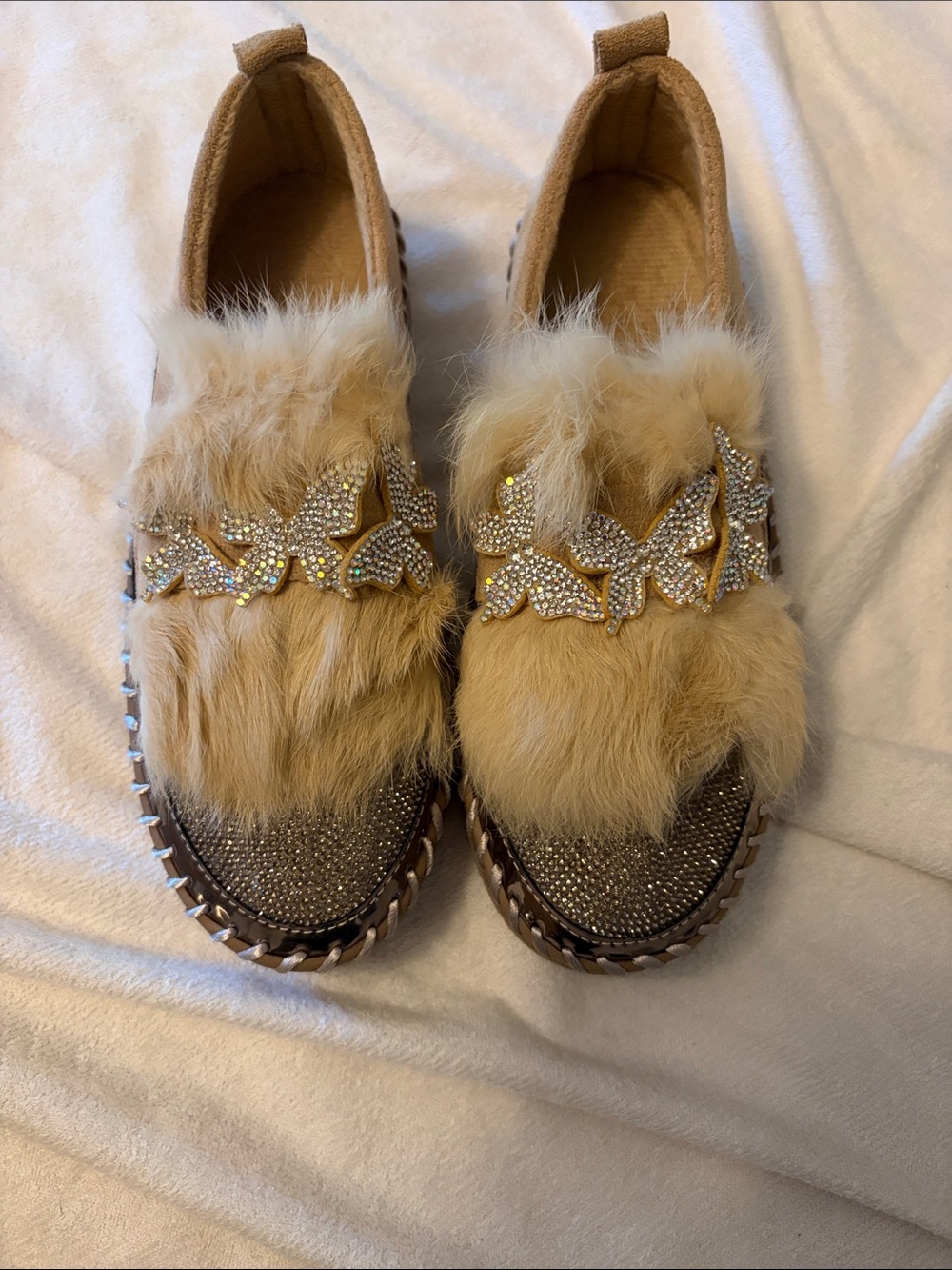 YNS Generic Faux Fur Rhinestone Butterfly Slip-On Mules in Camel